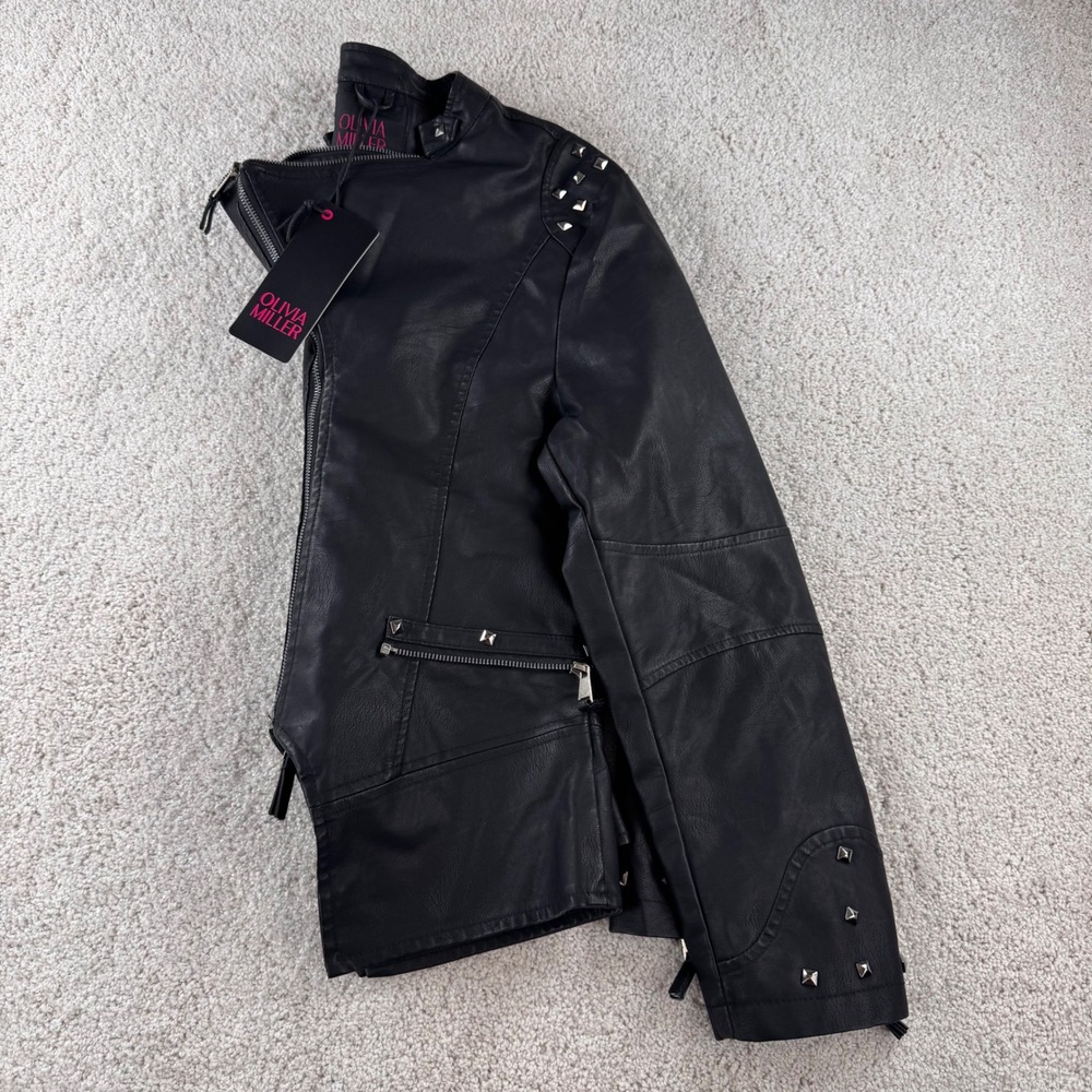 Olivia Miller Womens Black Faux Leather Studded Biker Moto Jacket XL New - Picture 12 of 15